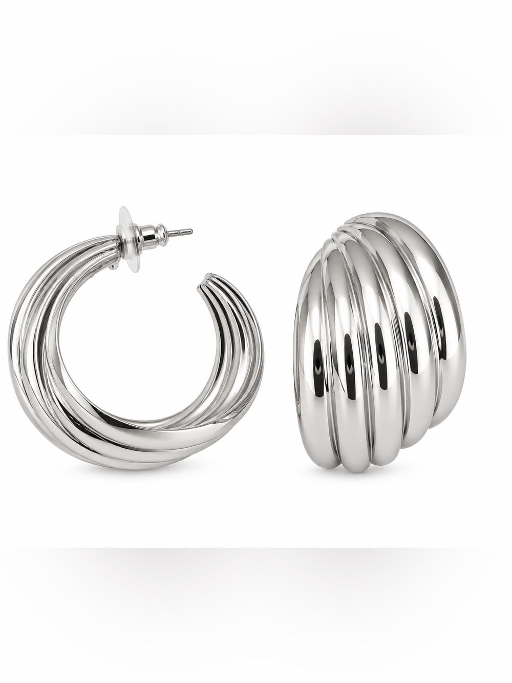 Zara Polished Silver Ribbed Hoop Earrings